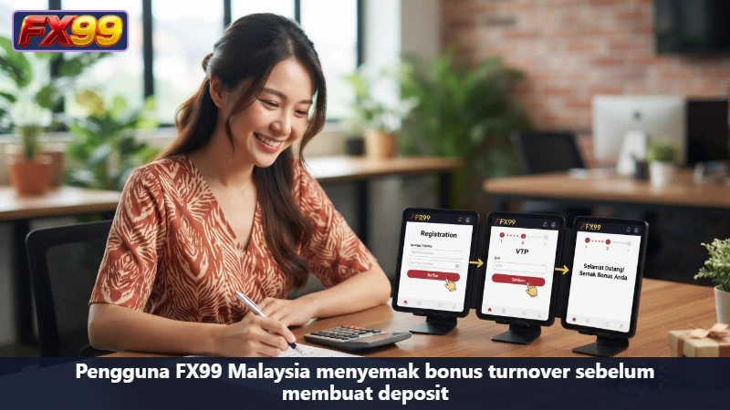 Pengguna FX99 Malaysia menyemak bonus turnover sebelum membuat deposit