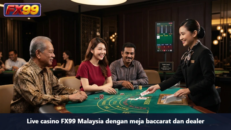 Live casino FX99 Malaysia dengan meja baccarat dan dealer