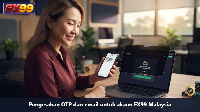 An adult Malaysian professional at a clean home-office desk completing a fictional online registration form on a laptop, fields for email, phone number, password and account currency visible without personal data, notebook and closed identity document folder nearby, bright natural daylight, realistic editorial photography, no smartphone-centered pose, no real gambling logos.